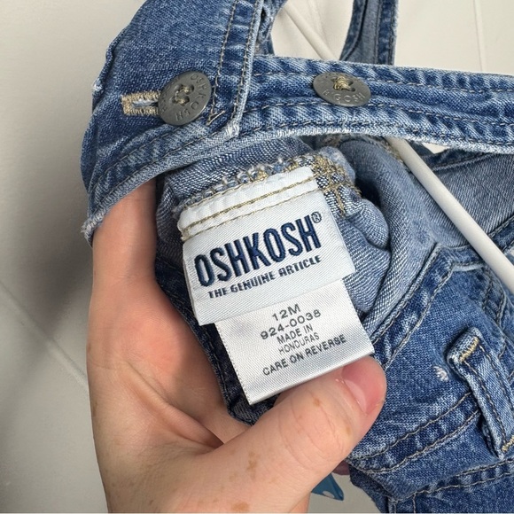 VINTAGE Oshkosh B’gosh 12 Month Baby Denim Overall Dress Girly Ribbons Polka Dot - Picture 6 of 9